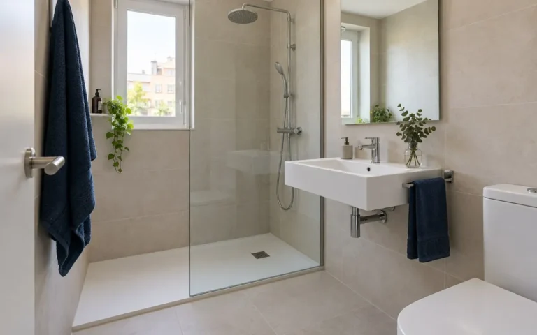 Baño de 4–6 m² recién reformado, con acabados sencillos